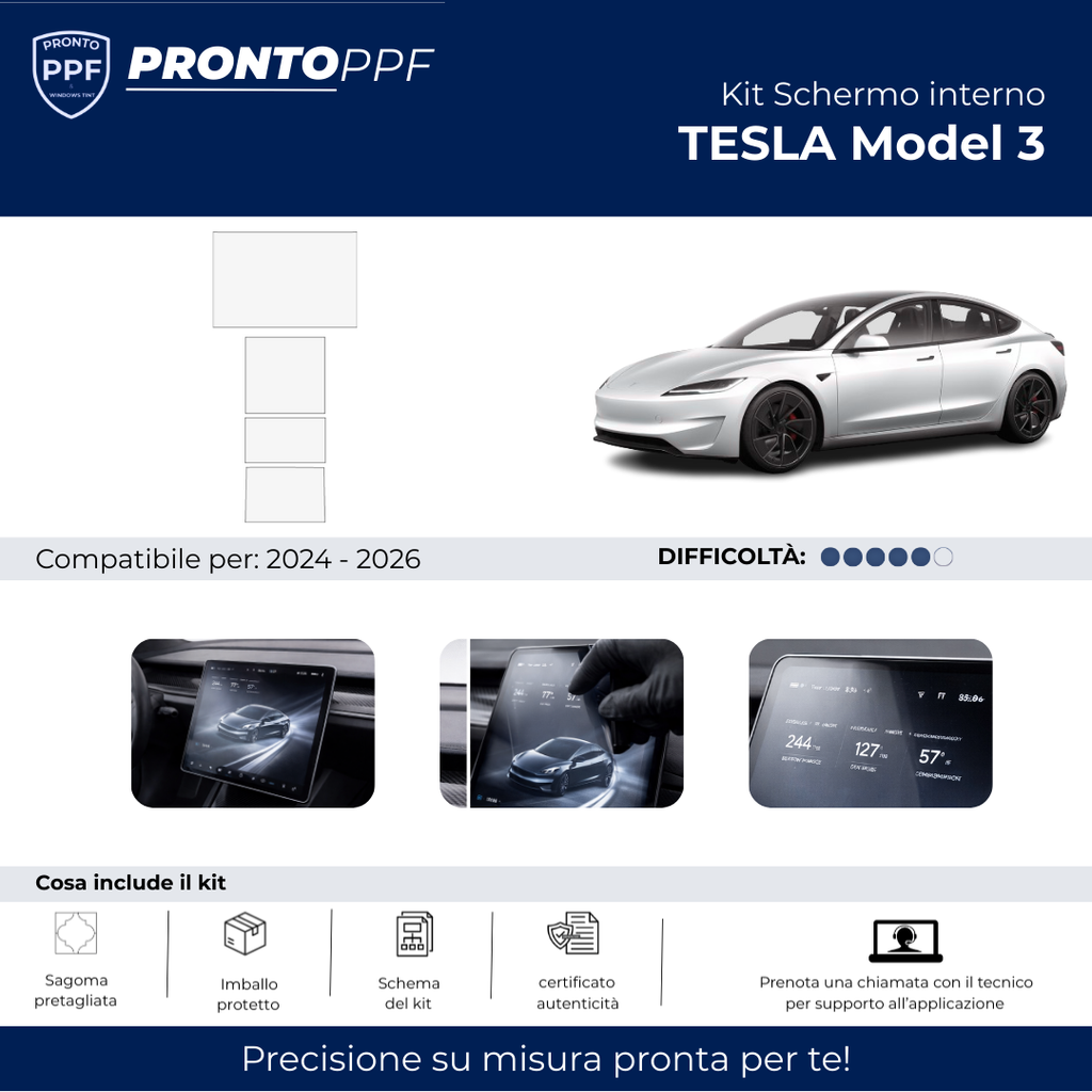 PPF Kit Schermo Interno TESLA 3 sedan performance 2024 to 2026 interior kit unwrapped